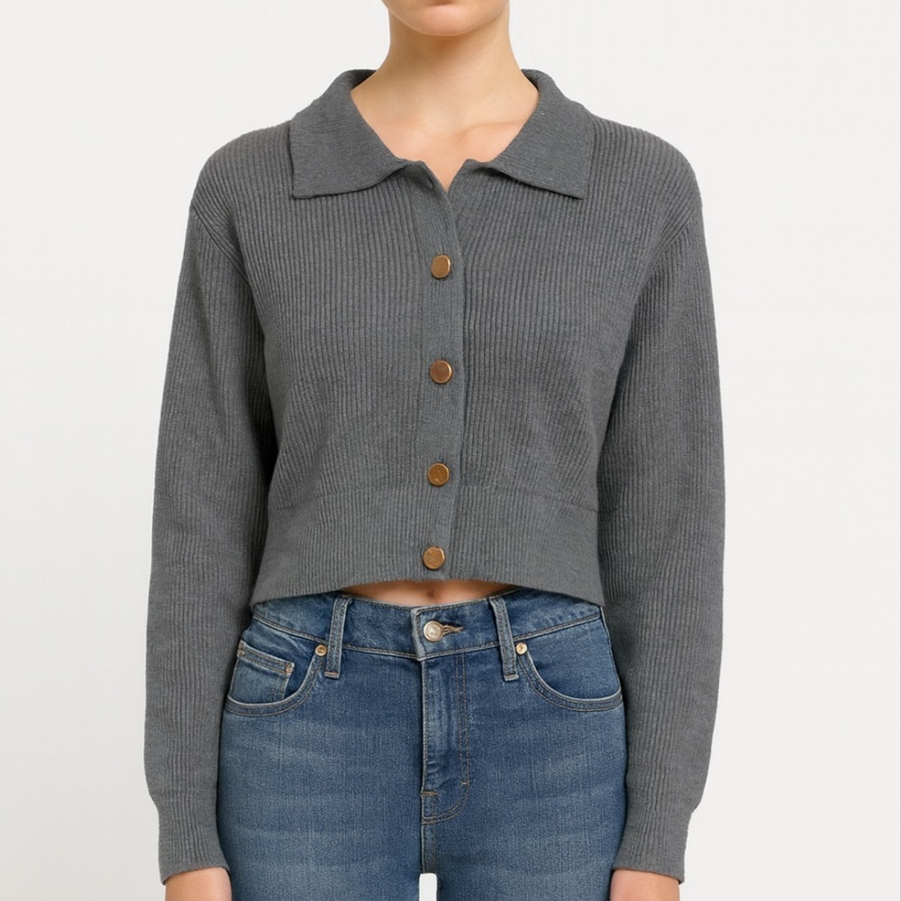 Classic Ribbed Button-Front Crop Sweater Jacket - Gray